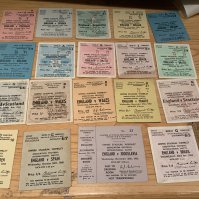 England Home Football Tickets: From 1951 to 1963 in good condition with slight duplication where collector purchased different colours. 1956 Yugoslavia is unused. (19)