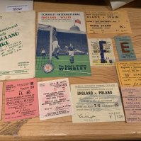 England Youth Amateur + Schools Football Tickets: Away amateur at Aberystwyth 1965 v Wales. The rest in England to include 1963 Germany U23 at Liverpool, 1958 Poland at Sheff Wed, 1961 Wales at Everton. Programme + ticket for 1951 v Wales Schools at Wembley and a programme v 1951 Eire at Liverpool.
