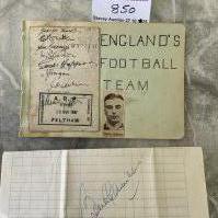 1941 England Football Autographs: Autograph page with 8 signatures stuck down to include Hapgood Matthews Hagan Edelston Bacuzzi and Brittany. C/W Bobby Charltons autograph on a page collected in 1970.