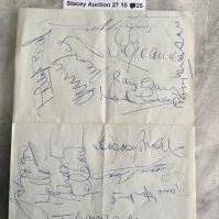 1960s West Ham + Tottenham Football Autographs: A folded page signed by West Ham players Bobby Moore and Geoff Hurst. Tottenham players Phil Beal Terry Venables Ray Evans Jimmy Greaves have signed amongst others. The Bobby Moore autograph could be removed for displaying purposes.