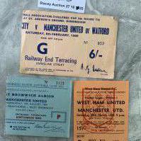 68/69 Manchester United Away Football Tickets: League matches at West Ham and West Brom plus FA Cup at Birmingham folding. Overall good. (3)