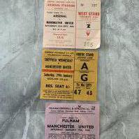 65/66 Manchester United Away Football Tickets: League matches at Arsenal Fulham and Sheffield Wednesday. Good. (3)