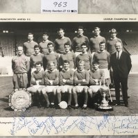 Manchester United 64/65 League Champions Signed Team Group: Large card picturing the squad with the League trophy and Charity Shield. Signed to lower border by 12 including Best Charlton Sadler Foulkes Crerand and Aston.