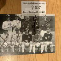 Leeds United Late 60s Signed International Cap Photo: 8 players pictured on a postcard wearing the National teams caps they have just been awarded. Line up is Madeley Clarke Yorath Gray Sprake Jones Reaney Lorimer Giles and Bremner. Only Bremner has not hand signed this card.