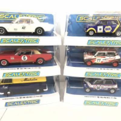 6 Boxed Scalextric Cars. 2 X Ford Mustangs. A Volkswagen T1B. 2X Mini Miglias and a Mini 1275GT.
