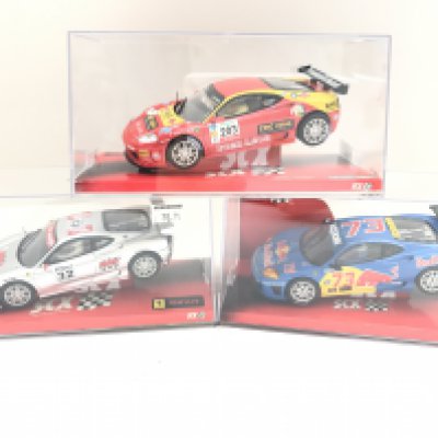 3 X Boxed SCX Slot Racing Cars. 2 X Ferrari 360 GTC Cars and a Ferrari Mondena GTC.