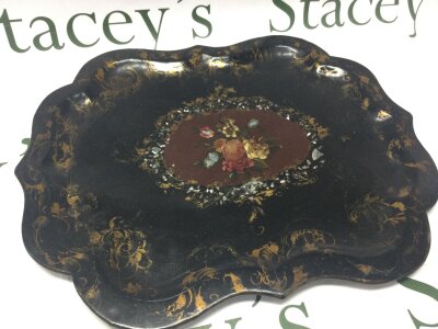 A Victorian black lacquered paper mache tray, 40cm wide