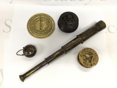 A collection of items comprising a reproduction telescope, compass, pot pourri etc.