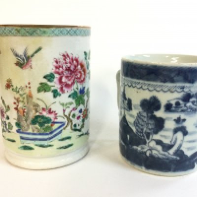 Two Chinese porcelain tankard mugs, 14 and 11cm tall.- NO RESERVE