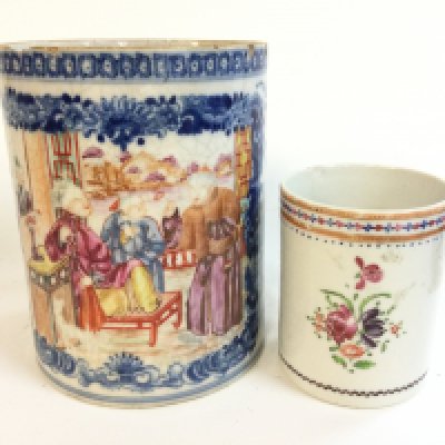 Two Chinese Famille rose porcelain tankards . 9 and 14cm tall.chips and crazing , hairline cracks as seen- NO RESERVE