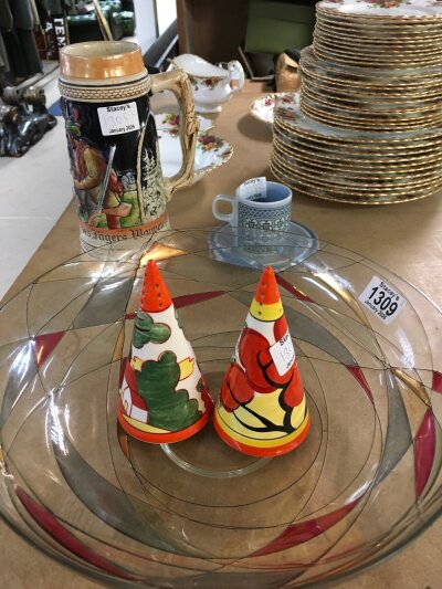 Two Wedgwood Clarice Cliff retrospective Conicals , a mid 20th century glass dish (33cm wide), a German ceramic tankard and a Hornsea tapestry cup and saucer.