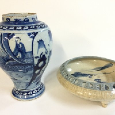 18th century Delft style vase (21cm tall) and bowl (21cm wide)- NO RESERVE