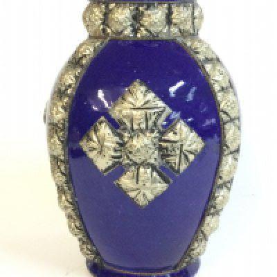 A blue pottery Moroccan 19th century vase encrusted with silver colour Maillechort, 22cm tall.- NO RESERVE