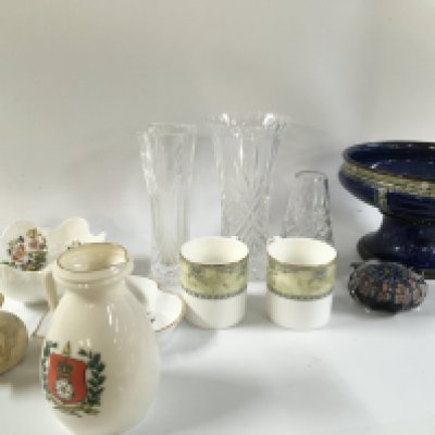 A collection of ceramics including a Doulton Isabella pattern dinner set and Lambeth ware vase. Plates cups saucers, damaged delft candlestick- NO RESERVE