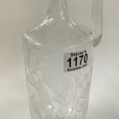 A fine etched glass decanter with views of storks amongst reeds, 28cm (no stopper) NO RESERVE