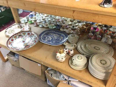 Ceramics including Japanese and Chinese style chargers, platter, Imari style vases and a Minton dinner set with plates, platters
