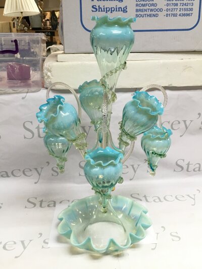 A Victorian Vaseline glass epergne, approx height 58cm.