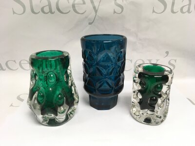 Three coloured glass vases including Whitefriars, tallest approx 17cm.