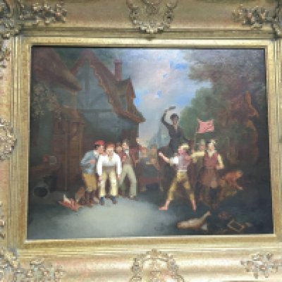 A Victorian gilt framed oil on board of a fight between two boys with a crowd formed around them, approx 71.5cm x 61.5cm.