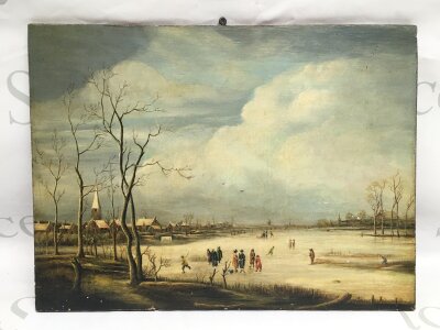 After Aert Van Deer Neer 1603-1677. A Dutch oil on board of ice skaters on a frozen lake, approx 43cm x 33cm.