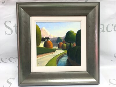 A framed Paul Corfield oil on board village scene, approx 35cm x 35cm.