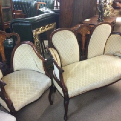 An Edwardian inlaid chair 94cm tall 58cm wide 54cm deep with matching two seater, dimensions 120cm wide 94cm tall 55cm deep