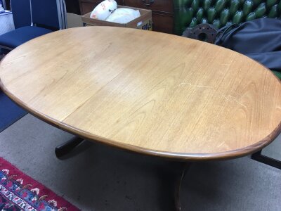 G-Plan vintage mid-century teak extending oval dining table (72cm tall, 62cm wide) with six chairs and two units- a tall corner cabinet shelf unit and a wall unit