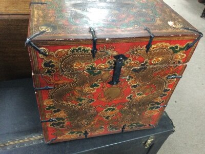 A vintage Chinese or Tibetan chest with hand painted decorations. 45 x 47 x 41cm