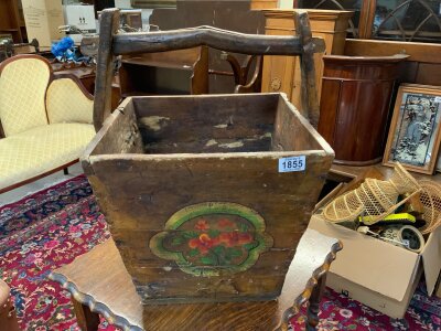 A Chinese Elm rice bucket with painted decoration.