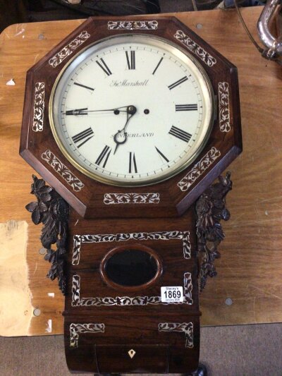 A quality mother of pearl inlaid Rosewood wall clock with octagonal shaped case  the case with raised carved decoration The dial with makers name Tho Marshall Sunderland.