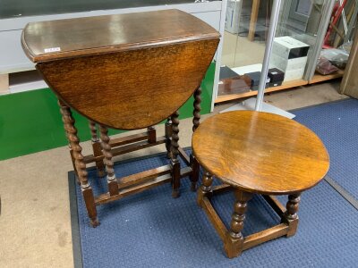 2 oak occasional tables. (1 barley twist leg drop flap folding, small circular side table).