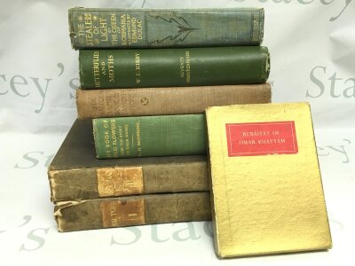 A collection of 19th century books , some later . Books including The Stealers of Light by The Queen of Roumania, Butterflies and Moths by W.E Kirby, rubaiyat of omar khayyam Folio Society 1955