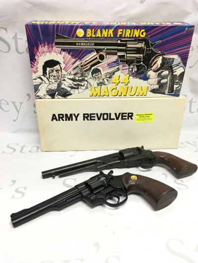 Two blank firing guns, 44 magnum Sussex Armoury Made in Italy and an Army Revolver replica UK model