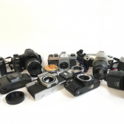 A Collection of vintage cameras including Asahi Pentax, Fujifilm, Canon EOS 500N, Olympus etc- NO RESERVE