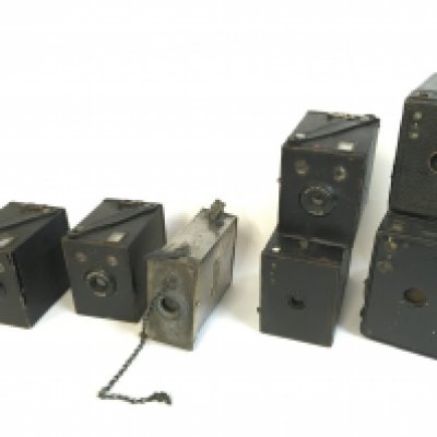 Six vintage box cameras including Kodak Brownies, Klimax developing tank etc. NO RESERVE