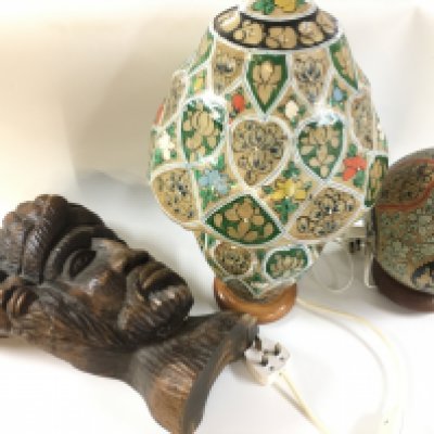 A carved dark wood bust sculpture (40cm tall) and two paper mache hand painted lamps . 25 and 44cm tall NO RESERVE