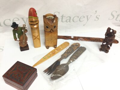 Chinese page turner, carved nut cracker, Chinese fig wood, carved fork and spoon, salad servers , polish box, owl with brush
