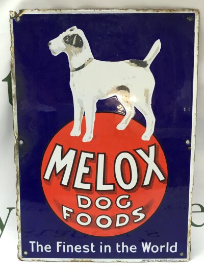 A Melox dog foods enamel sign , dimensions 25x35cm