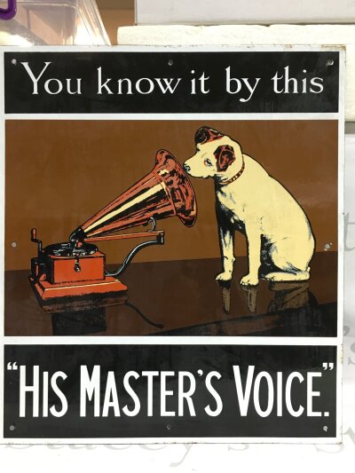 An HMV advertising sign, approx 40cm x 46cm.