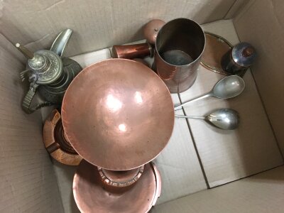 Copper and brass ware including a bowl, dish, coal scuttle, bed pan.