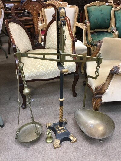 A pair of brass W&T Avery Birmingham balance beam scales, 96cm tall.