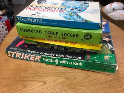 Vintage boxed football games including Subbuteo table soccer, Striker, Wembley, Soccerama