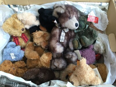 A box of teddy bears comprising mainly Russ examples.