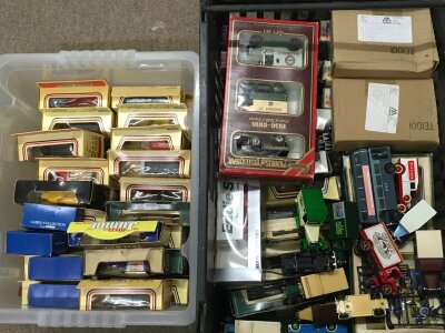 Two boxes of toy model Diecast cars, days gone yester year