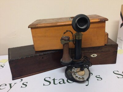 An old wooden shop till Rosewood box one other box and a vintage telephone (4) NO RESERVE.