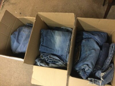 Three boxes large collection of vintage jeans including Levi’s, Lees, Quicksilver, Marlboro etc . Mostly sizes W34/36 L32/34 in various conditions mostly good condition
