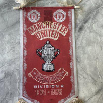 74/75 Manchester United Away Football Programmes: Near complete set of 20 plus an original Manchester United pennant stating 74/75 Division 2 Champions. Good.