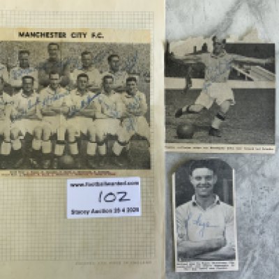47/48 Manchester City Football Autographs: Team group removed from magazine and stuck down signed by all 11. C/W small signed magazines pictures of Fagan and Wharton. (13)
