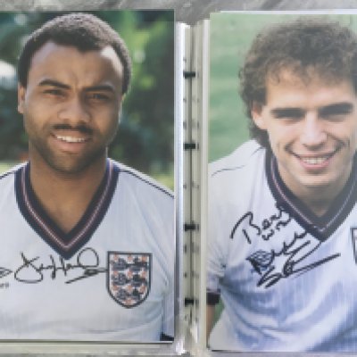 England Signed Football Photo Collection: Mostly large photos of England players hand signed without dedication. Includes Shearer Hoddle Steven Mabbutt Le Tissier Shilton Lineker Bull Robson Keown Dorigo Anderton Parkes and more. There are around 50 photos of which 45 are signed plus more.