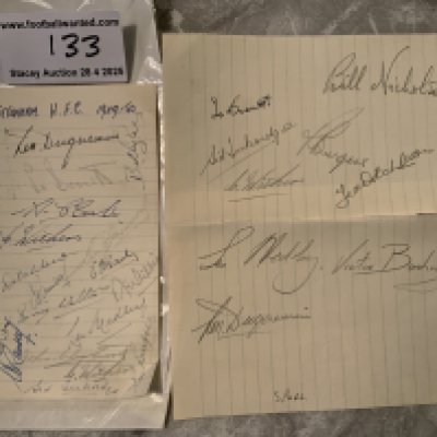 Tottenham Champions 49/50 Football Autographs: Second division champions page signed by 20 including Duqueman Clarke Ditchburn Ramsey Nicholson with a couple of duplicates. C/W page from 48/49 signed by 9 including Buckingham Ditchburn Nicholson Withers Medley and Tickridge